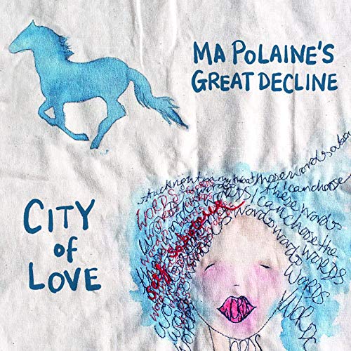 "Album cover with a horse, a woman's face, and handwritten text on a white background."