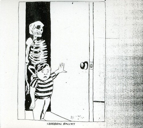 Album cover art: boy peeking out from behind a skeleton, beside a door.
