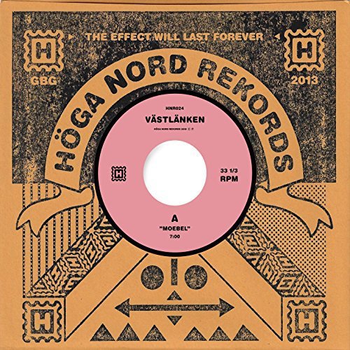 A vinyl record sleeve with a pink vinyl and geometric orange and black design.