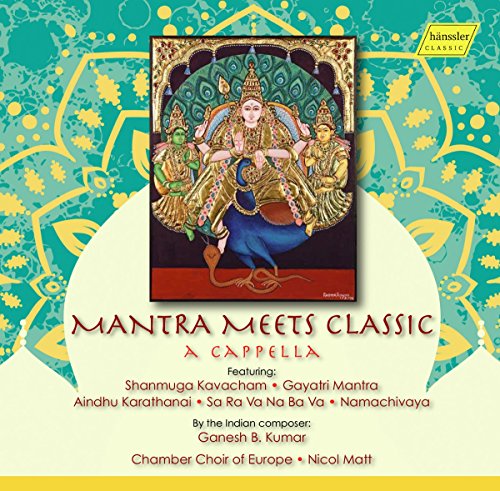 CD cover with Hindu deity artwork and "Mantra Meets Classic" title on turquoise background.