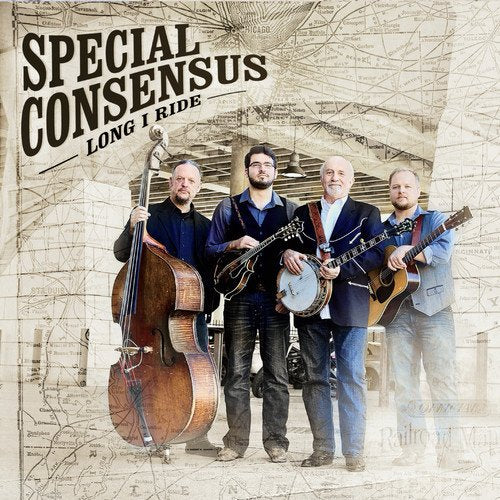 "Album cover with four men holding instruments, map background, and 'Special Consensus' text."