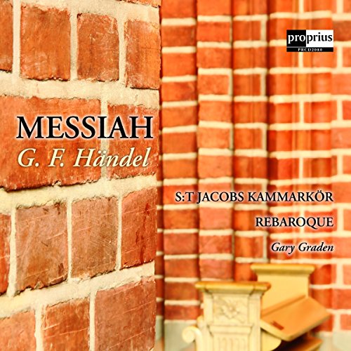 "CD cover with red brick wall, organ, and 'Messiah G. F. Handel' text."