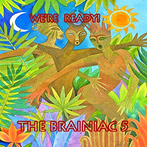 Album cover art featuring three wooden figures surrounded by lush tropical foliage and vibrant colors.