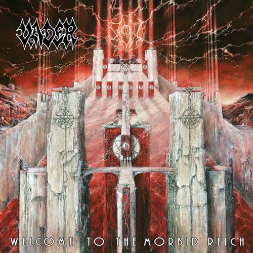 "Album cover art featuring a castle with red sky and lightning, 'Vader' logo."