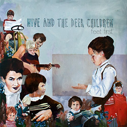"Album cover art featuring a surreal illustration of people and children in a landscape."