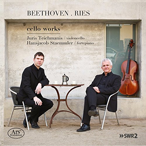 "CD cover featuring two men in black, one with a cello, outdoors."
