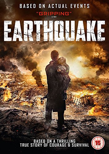 DVD cover for "Earthquake" showing a man holding a child amidst a burning cityscape.