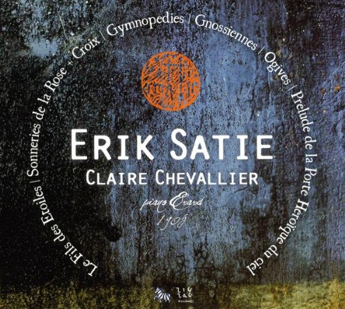 "Erik Satie CD cover with red emblem and white text on dark background."