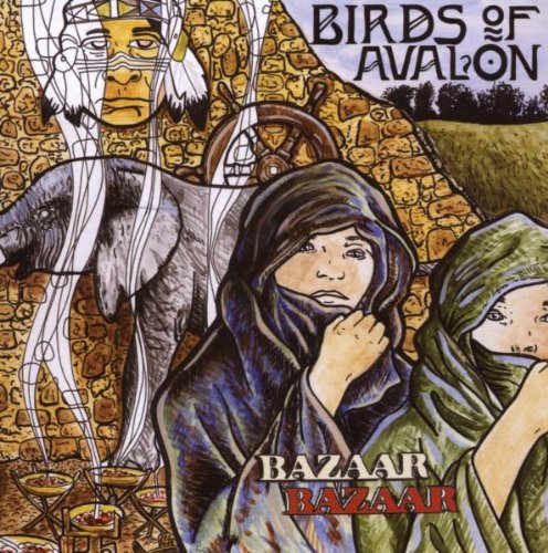 "Album cover art featuring three robed figures against a stone wall background."