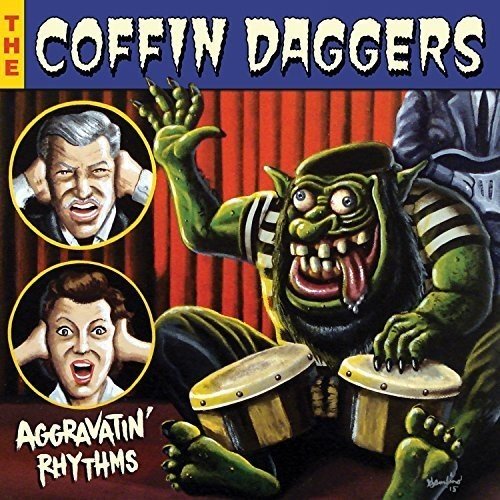 "Album cover featuring a green monster playing drums, with two men covering their ears."