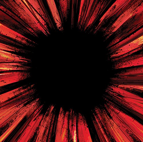 The image depicts a red and black abstract design, resembling an explosion. Alt text: Red and black abstract explosion design with radiating lines and a dark center.