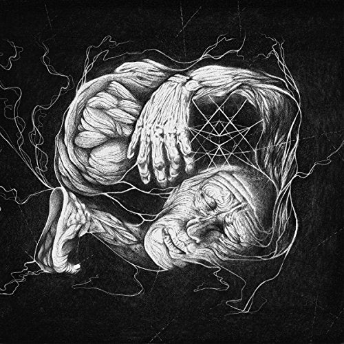The image is a black-and-white illustration of two hands, one holding the other, surrounded by white lines.