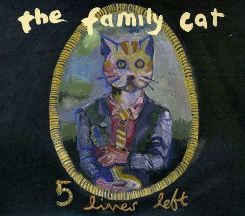 "Album cover with a cat in a suit holding a guitar, on a black background."