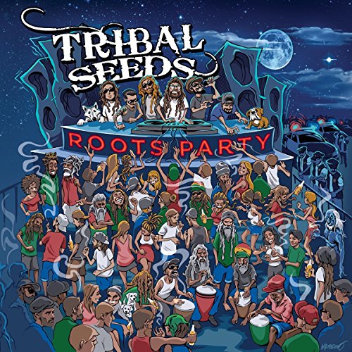 "Album cover art for 'Tribal Seeds - Roots Party' featuring a lively party scene."