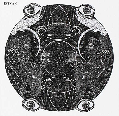 Black and white abstract illustration with eyes and geometric shapes on a white background.