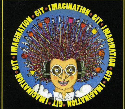 "Album cover with cartoon person wearing headphones, surrounded by colorful objects and text."
