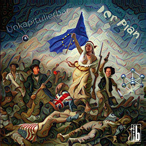 The image depicts a CD cover featuring a surreal, abstract illustration of a woman holding a European Union flag, surrounded by men in various poses.