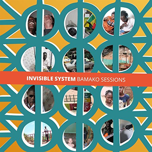 "Album cover with teal grid, orange background, and circular photos of people."