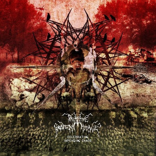 "Album cover with a dark, abstract figure surrounded by skulls, birds, and metal spikes."
