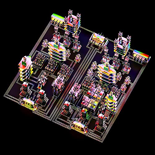 The image depicts a 3D rendering of a futuristic cityscape on a black background. A concise, descriptive alt text for this image could be: "3D futuristic cityscape with neon-lit buildings and circuitry on a black background."