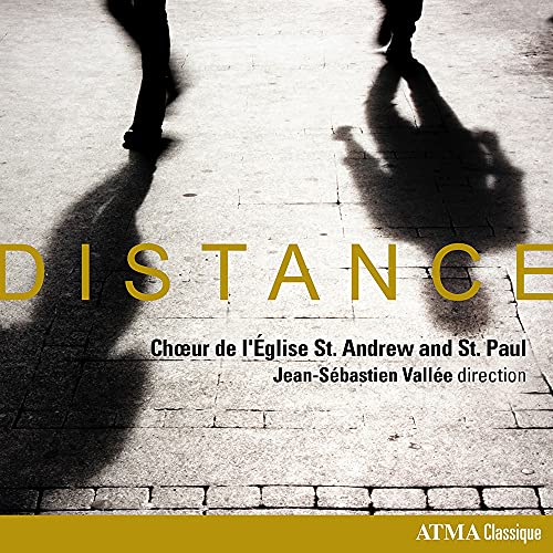 "CD cover with shadows of legs on pavement and 'DISTANCE' in yellow text."