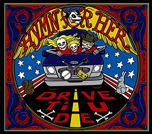 Vinyl album cover with cartoon skeletons driving a car, surrounded by stars and ornaments.