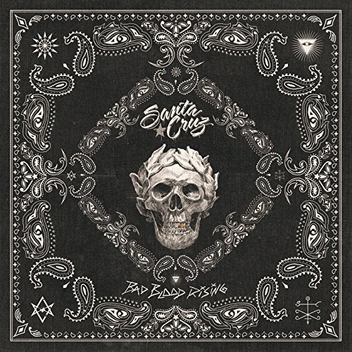 "Album cover with a skull and bandana pattern on a black background."