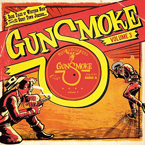 "Vinyl record cover with cowboys dueling, featuring 'Gunsmoke Volume 3' in bold yellow letters."