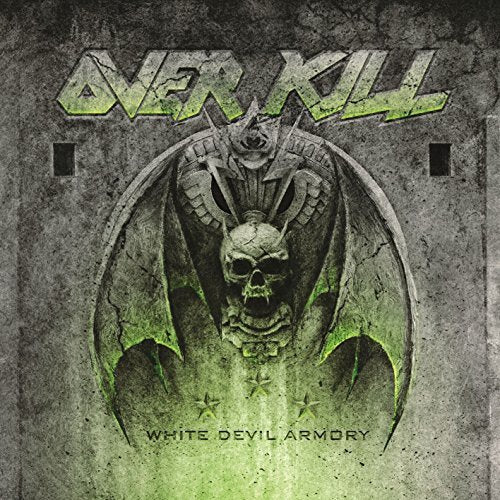 "Album cover with a bat-like figure and skull, green and gray tones."