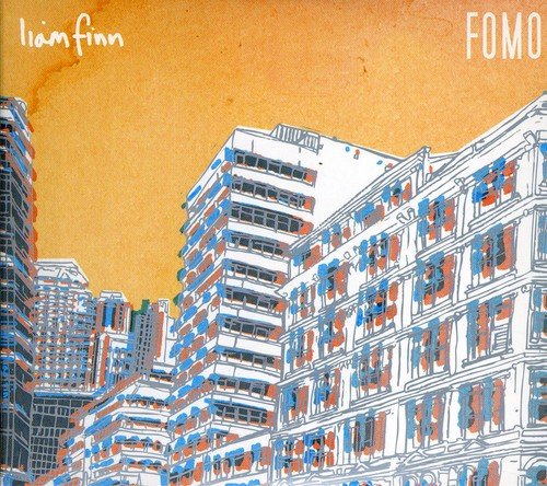 Album cover art: orange background with stylized buildings and text "liam finn" and "FOMO".