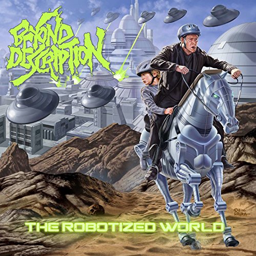 "Album cover art: two men riding a robotic horse, with futuristic buildings and UFOs."