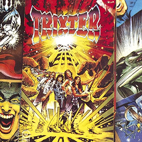 "Trixter album cover art featuring a band amidst an explosion, surrounded by comic panels."