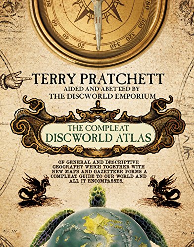 "The Discworld Atlas" book cover with vintage map design, compass, and globe illustration.