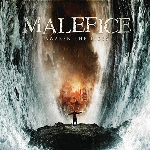 "Album cover with 'Malefice' and 'Awaken the Tides' text, featuring a person on a rock."
