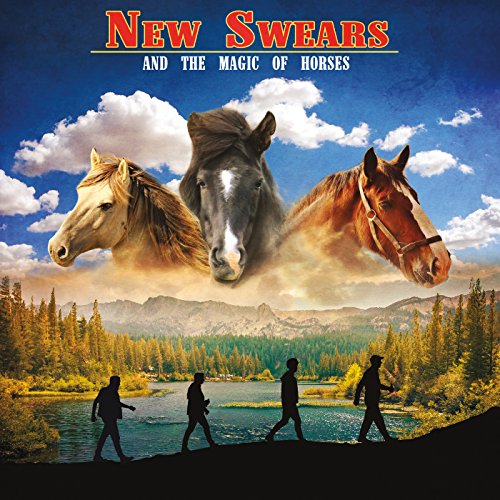 "Album cover with three horses and four silhouetted figures walking by a lake."