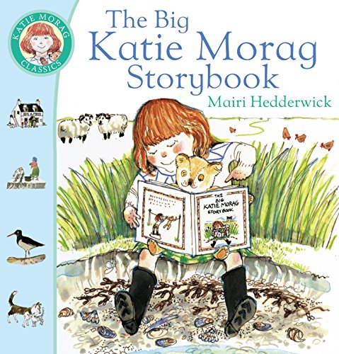 "Katie Morag Storybook cover featuring a girl reading on a beach with a cat."