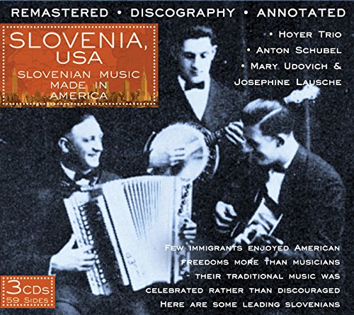 "CD cover with three men playing traditional instruments, accordion, and text describing Slovenian music."