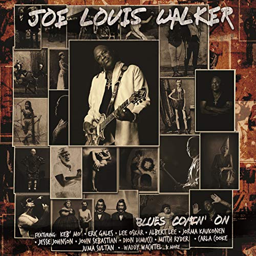 "Album cover with musician collage, featuring Joe Louis Walker, on a red background."
