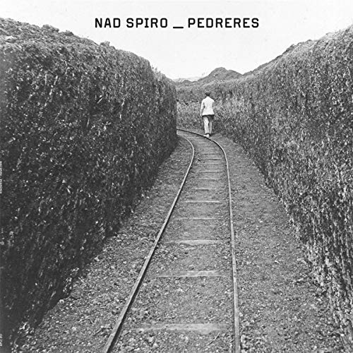 Black and white album cover with a person walking on train tracks between hedges.