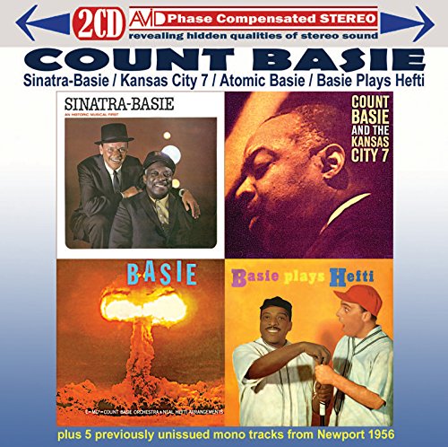 "CD cover featuring four album covers with Count Basie and musicians, gradient blue background."