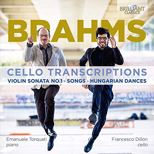 "CD cover with two men jumping, featuring 'BRAHMS' in large gold letters."