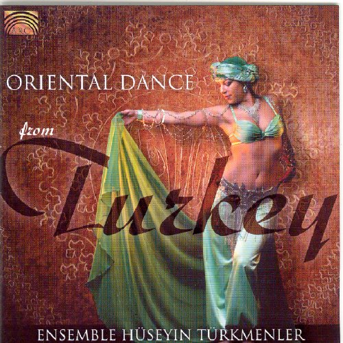 Belly dancer in green costume on a brown patterned background, CD cover art.
