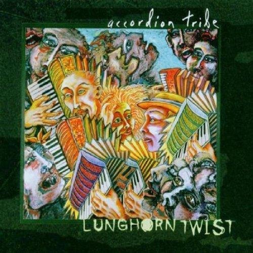 "CD cover art featuring multiple faces playing accordions, with green background and text."