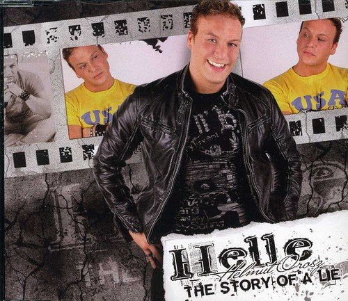 Man in black leather jacket on a filmstrip-themed album cover with title "Helle - The Story of a Lie".