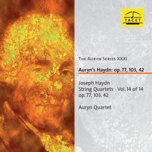 CD cover with abstract art and text describing Joseph Haydn string quartets.