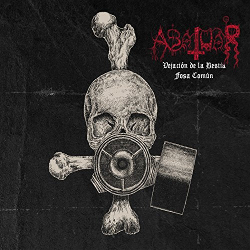 "Album cover with skull and crossbones wearing gas mask, on black background, with red and white text."