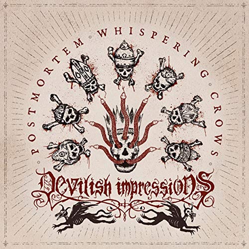 Album cover with skull, crows, and crossbones, surrounded by red text on beige background.