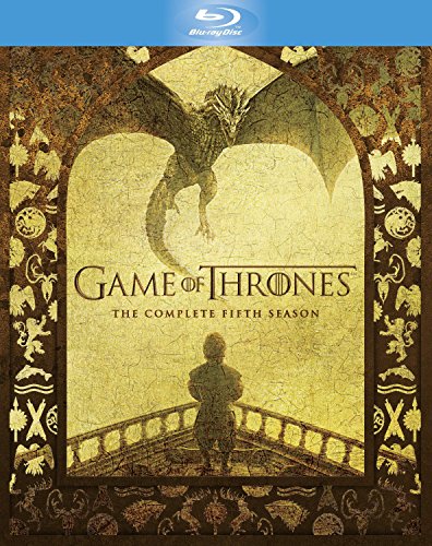 "Blu-ray cover of Game of Thrones Season 5, featuring a dragon and a person on a bridge."