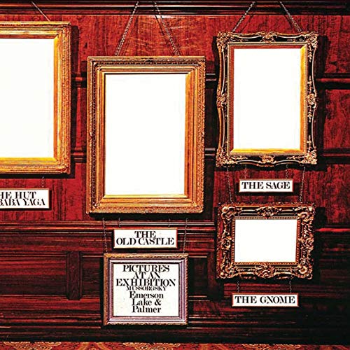 "Album cover with five blank picture frames on a red wooden wall."
