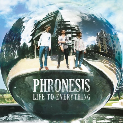 "Album cover with three men reflected in a large, shiny metal sphere, text below."